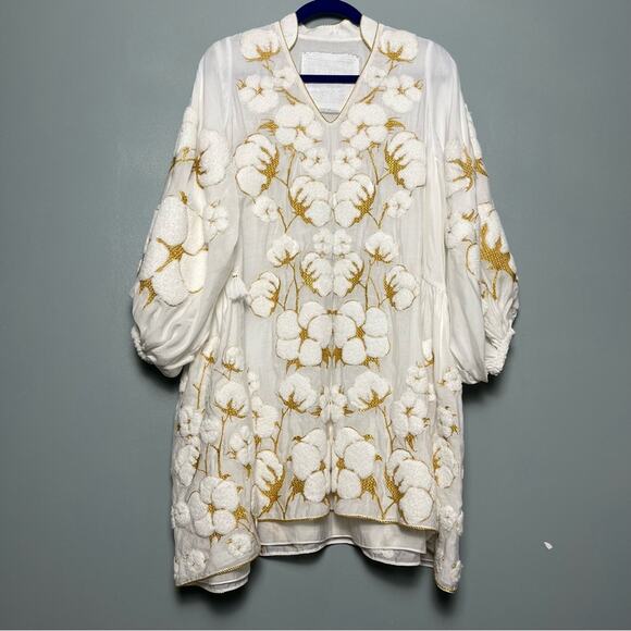 Yuliya Magdych Embroidered White Gold Mini Dress Cotton Silk Women’s Size M - Picture 2 of 10